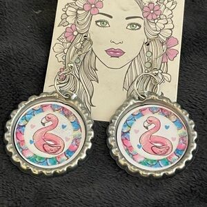 Handmade Pink Flamingo Bottlecap Drop Earrings - Women Jewelry